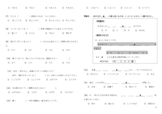 5
① それも ② それと ③ それとも ④ それなら
[7] たとえ（ ）家族がいれば、つらくはない。
① 忙しくても ② 忙しいので ③ 忙しかったら ④ 忙しいのに
[8] インターネットを（ ）世界の情報をすぐに知ることができる。
① 通じて ② もとに ③ 中心に ④ 問わず
[9] 彼がすぐ行くと言った（ ）
、なかなか来なくて、1 時間も待たされまし
た。
① ので ② のに ③ のも ④ のが
[10] 寝ていないで、何かしたら？たまには、掃除をする（ ）
。
① まで ② とか ③ たり ④ とは
[11] 先生：
「田中さん、来週のレポートは終わった？
田中：
「僕は今やっている（ ）が、山田くんは終わったそうです。
」
① ところです ② らしいです ③ はずです ④ ようです
[12] 水を飲まないで、1 週間も生きられる（ ）
。
① はずがない ② べきだ ③ はずだ ④ べきでない
[13] 親（ ）
、子供の健康は一番大切なことです。
① において ② によって ③ にとって ④ について
問題Ⅱ： 次の文の ★ に最も良いものを、1・2・3・4 から一つ選びなさい。
(問題例)
引き出しの＿＿ ＿＿ ★ ＿＿ あります。
① が ② に ③ 中 ④ めがね
(解答の仕方)
＊ 正しい文はこうです。
引き出しの ＿＿ ＿＿＿ ★ ＿＿ あ
ります。
③ 中 ② に ④ めがね ① が
＊＊ ★ に入る番号を解答用紙にマークします。
(解答用紙) (例) ① ② ③ ④
[14] 先週＿＿＿ ＿＿＿ ★ ＿＿＿から 、行ってみませんか。
① ばかりの ② レストランが ③ オープンした ④ ある
[15] 彼は、この大学が＿＿＿ ＿＿＿ ★ ＿＿＿ 、卒業した。
① 以来 ② 成績で ③ 始まって ④ 最高の
[16] B： 何よりも花が好きな彼女は、 ＿＿＿ ＿＿＿ ★ ＿＿＿ 何
も要らないと言う。
① 花の ② 他には ③ していれば ④ 世話さえ
 