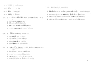 11
(注 1) 骨相鬆症
こっそうしょうしょう
： 骨が弱
よわ
くなる病気
(注 2) 様々
さ ま ざ ま
な ： いろいろな
(注 3) 適切
てきせつ
な ： ちょうどいい
(注 4) 効果的
こ う か て き
な ： 効果
こ う か
がある
［34］ ① 「それと同じぐらい運動
う ん ど う
が大事
だ い じ
だ」とあるが、どうして運動が大事だといっている
か。
① カルシウムは運動より効果がないから。
② 運動をしないと、骨が折れてしまうから。
③ 運動をしないと、後で病気になる可能性
か の う せ い
があるから。
④ カルシウムより運動が大事なことを知
し
らない人
ひと
が多
おお
いから。
［35］ ② 「 水泳
すいえい
はあまり効果がない 」のはどうしてか。
① 自分の体重を支
さ さ
えながらする運動だから。
② 自分の体重を支えなくてもよい運動だから。
③ 水の中では体重が重
おも
くなってしまうから。
④ 水の中で運動するときは力が必要ないから。
［36］ ③ 「 運動には様々
さ ま ざ ま
な 効果がある 」 とあるが、例えばどんな効果があると言って
いるか。
① 骨がより強くなって、事故にあっても折れなくなる。
② 体の動きが早くなって、骨折や怪我
け が
をしにくくなる。
③ 体重を支える必要がなくなって、体の動きが早くなる。
④ 骨の周りの節肉
せつにく
が強
つよ
くなって、骨
ほね
の代
か
わりをするようになる。
［37］ 文章の内容とあっているものはどれか。
① 健康
け ん こ う
な骨
ほね
を作
つ く
るためには、どんな運動
う ん ど う
でもいいか、30歳
さい
になる前
まえ
にしておかなければならない。
② カルシウムをたくさんとってから、運動をすれば、骨
ほね
が強
つよ
く太
ふと
くなって折
お
れにくくなる。
③ 子供のころに、ダンスやランニングなどの骨を強くする運動をしておいたほうがいい。
④ 子供のころに、水泳
すいえい
などの運動
う ん ど う
をたくさんしておけば、年
と し
をとっても病気
び ょ う き
にならない。
 