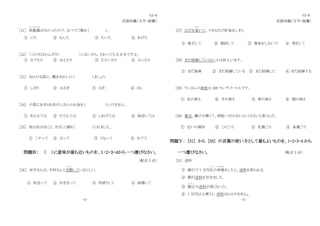 N3-6
言語知識（文字・語彙）
［21］ 炊飯器
す い は ん き
がなかったので、なべでご飯を（ ）。
① にた ② むした ③ たいた ④ あげた
［22］ 「この犬はかんだり（ ）しないがら、さわっても大丈夫ですよ」
① なでたり ② ほえたり ③ たたいたり ④ ぶったり
［23］ 出かける前に、靴をきれいに（ ）ましょう。
① しぼり ② みがき ③ はき ④ ほし
［24］ 子供にあまりあまりたくさんのお金を（ ）いけません。
① あたえては ② そろえては ③ しあげては ④ 保存しては
［25］ 母は私が泣くと、やさしく頭を（ ）くれました。
① こすって ② ぶって ③ うなって ④ なでて
問題Ⅳ： （ ）に意味が最も近いものを、１・２・３・４から一つ選びなさい。
（配点 3 点）
［26］ 田中さんは、中村さんと交際
こ う さ い
しているらしい。
① 似合って ② 付き合って ③ 仲直りして ④ 結婚して
-4-
N3-6
言語知識（文字・語彙）
[27] むだを省
はぶ
いて、できるだけ貯金をしまう。
① 貧乏して ② 節約して ③ 借金をしないで ④ 得をして
[28] まだ結婚していない人は四人います。
① まだ独身 ② まだ結婚している ③ まだ結婚した ④ まだ結婚する
[29] ランさんの身長は 168 センチメートルです。
① 足の高さ ② 手の高さ ③ 背の高さ ④ 頭の高さ
[30] 最近、調子が悪くて、病院へ行かないといけないと思うんだ。
① 近いの場所 ② このごろ ③ 先週ごろ ④ 来週ごろ
問題Ⅴ： [31] から [35] の言葉の使い方として最もよいものを、1・2・3・4 から
一つ選びなさい。 （配点 3 点）
[31] 送料
① 銀行で 1 万円札
さつ
の両替
りょうがえ
をしたら、送料を取られる。
② 銀行送料を引き出した。
③ 振込
ふ り こ
み送料が高くなった。
④ 1 万円以上買うと、送料はかかりません。
-5-
 