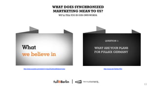 WHAT DOES SYNCHRONIZED
                                     MARTKETING MEAN TO US?
                                              WE‘LL TELL YOU IN OUR OWN WORDS.




http://www.youtube.com/watch?v=azuZXx2ehzs&feature=plcp                          http://youtu.be/T8ufba-PtKo




                                                                                                               13!
 