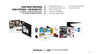 •    Hotel Barceló Hamburg        •  Max Factor Deutschland
       OUR PAST DEFINES                  •    David Beckham Fragrances     •  Synvisc by Sanofi
OUR FUTURE – OR DOES IT?                 •    Fame by Lady Gaga
     A HANDFUL OF PROJECTS REALIZED      •    Hotel 13 on Nickelodeon
         BY FULLSIX IN BERLIN TO DATE.   •    FIAT 500L “Sticker Storys”
                                     .




                                                                                                       49!
 