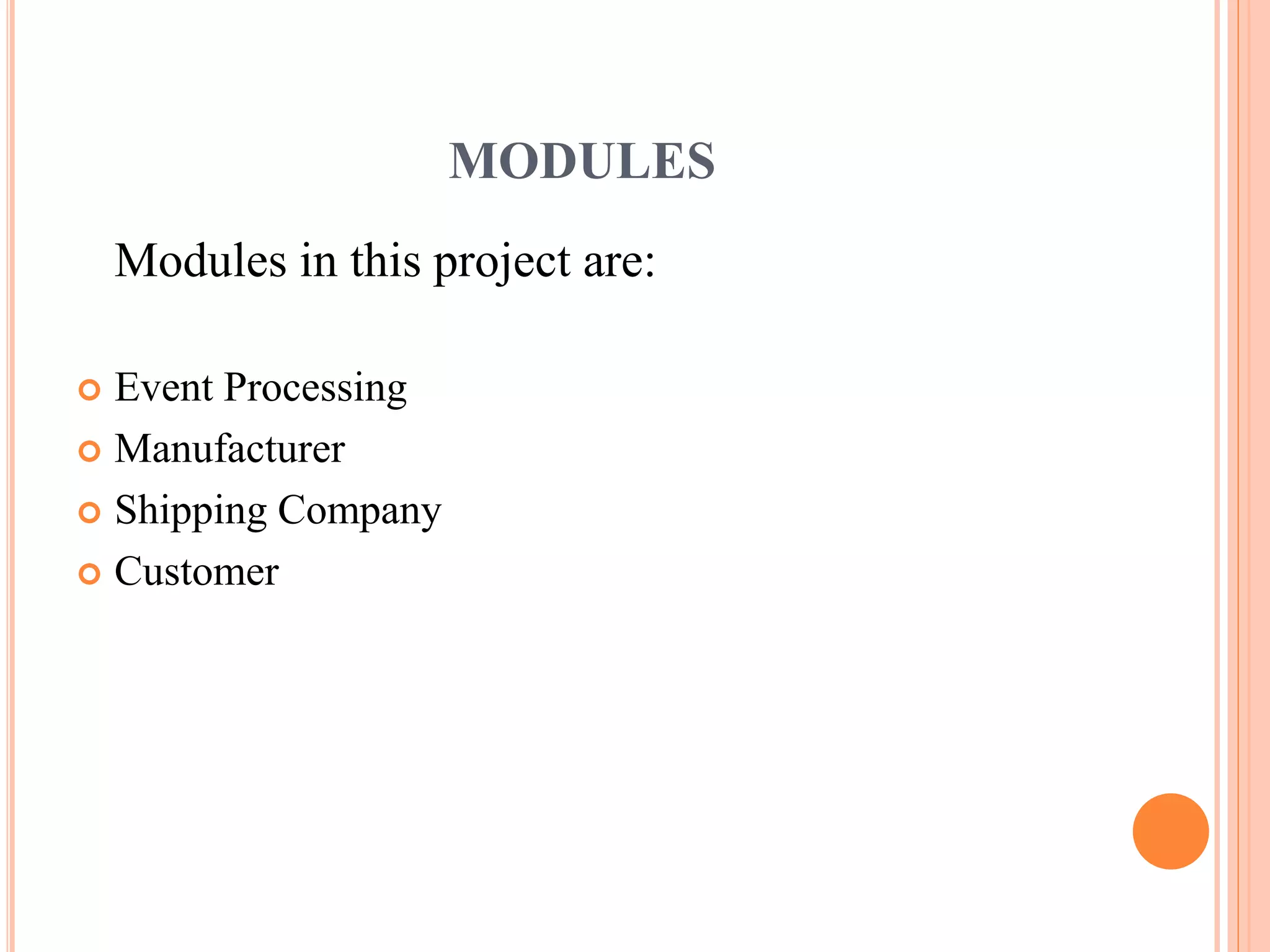 MODULES 
Modules in this project are: 
 Event Processing 
 Manufacturer 
 Shipping Company 
 Customer 
 