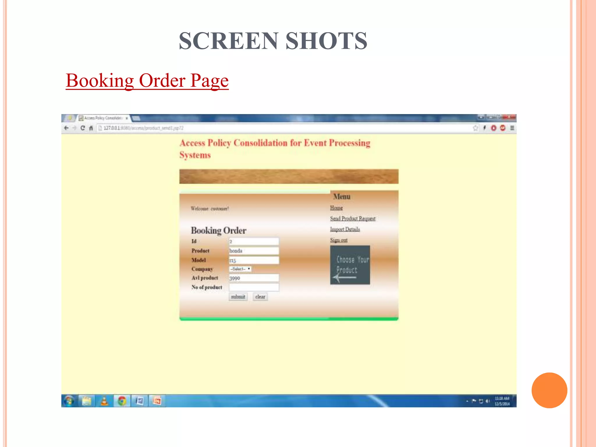 SCREEN SHOTS 
Booking Order Page 
 