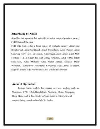 Advertising by Amul:
Amul has two agencies that look after its entire range of products namely
FCB Ulka and Da cuna
FCB Ulka looks after a broad range of products namely, Amul Lite
Breadspread, Amul Shrikhand, Amul Chocolates, Amul Paneer, Amul
SnowCap Softy Mix Ice cream, Amul/Sagar Ghee, Amul Infant Milk
Formula 1 & 2, Sagar Tea and Coffee whitener, Amul Spray Infant
Milk Food, Amul Mithaee, Amul Gulab Jamun, Amulya Dairy
Whitener, Mithaimate Sweetened Condensed Milk, Amul Ice cream,
Sagar Skimmed Milk Powder and Amul Whole milk Powder
Areas of Operation:
Besides India, AMUL has entered overseas markets such as
Mauritius, UAE, USA, Bangladesh, Australia, China, Singapore,
Hong Kong and a few South African nations. Otherpotential
markets being considered include Sri Lanka.
130
 