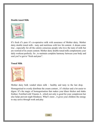 Double toned Milk
It‟s fresh it‟s pure it‟s co-operative milk with assurance of Mother dairy. Mother
dairy double toned milk - tasty and nutritious with low fat content. A dream come
true , especially for all the calorie conscious people who love the taste of milk but
are worried of its cream content. Mother dairy double toned milk complements your
daily workout perfectly. So , to maintain complete harmony between your body and
soul you‟ve got to “fresh and pure”.
Toned Milk
Mother dairy bulk vended token milk – healthy and tasty to the last drop.
Homogenised to evenly distribute the cream content , it‟s thicker and a lot easier to
digest. It‟s the magic of homogenisation that makes your kheer thicker and shake
frothier. Fortified with Vitamin A , which not only is good for your complexion but
also helps prevent night blindness. What‟s more , it gives your children the energy
to stay active through work and play
130
 