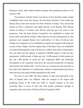 kilometers away). India ranked nowhere amongst milk producing countries in the
world in 1946.
The producers of Kaira district took advice of the nationalist leaders, Sardar
Vallabhbhai Patel (who later became the first Home Minister of free India) and
Morarji Desai (who later become the Prime Minister of India). They advised the
farmers to form a cooperative and supply directly to the Bombay Milk Scheme
instead of selling it to Polson (who did the same but gave low prices to the
producers). Thus the Kaira District Cooperative was established to collect and
process milk in the district of Kaira. Milk collection was also decentralized, as most
producers were marginal farmers who would deliver 1-2 litres of milk per day.
Village level cooperatives were established to organize the marginal milk producers
in each of these villages. The first modern dairy of the Kaira Union was established
at Anand (which popularly came to be known as AMUL dairy after its brand name).
The new plant had the capacity to pasteurise 300,000 pounds of milk per day,
manufacture 10,000 pounds of butter per day, 12,500 pounds of milk powder per
day and 1,200 pounds of casein per day. Indigenous R&D and technology
development at the Cooperative had led to the successful production of skimmed
milk powder from buffalo milk – the first time on a commercial scale anywhere in
the world. The foundations of a modern dairy industry in India had just been laid as
India had one of the largest buffalo populations in the world.
We move to year 2000. The dairy industry in India and particularly in the
State of Gujarat looks very different. India has emerged as the largest milk
producing country in the world (see Table 1). Gujarat emerges as the most
successful State in terms of milk and milk product production through its
cooperative dairy movement. The Kaira District Cooperative Milk
1
 