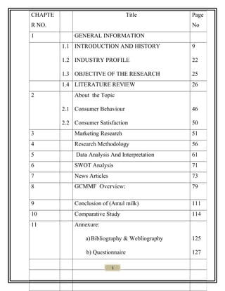 CHAPTE
R NO.
Title Page
No
1 GENERAL INFORMATION
1.1
1.2
1.3
INTRODUCTION AND HISTORY
INDUSTRY PROFILE
OBJECTIVE OF THE RESEARCH
9
22
25
1.4 LITERATURE REVIEW 26
2
2.1
2.2
About the Topic
Consumer Behaviour
Consumer Satisfaction
46
50
3 Marketing Research 51
4 Research Methodology 56
5 Data Analysis And Interpretation 61
6 SWOT Analysis 71
7 News Articles 73
8 GCMMF Overview: 79
9 Conclusion of (Amul milk) 111
10 Comparative Study 114
11 Annexure:
a)Bibliography & Webliography
b) Questionnaire
125
127
1
 