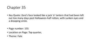 Chapter 35
• Key Quote: Zero’s face looked like a jack ‘o’ lantern that had been left
out too many days past Halloween-half rotten, with sunken eyes and
a drooping smile.
• Page number: 155
• Location on Page: Top quarter,
• Theme: Fate
 
