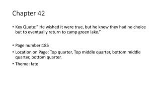Chapter 42
• Key Quote:” He wished it were true, but he knew they had no choice
but to eventually return to camp green lake.”
• Page number:185
• Location on Page: Top quarter, Top middle quarter, bottom middle
quarter, bottom quarter.
• Theme: fate
 