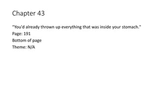 Chapter 43
“You'd already thrown up everything that was inside your stomach."
Page: 191
Bottom of page
Theme: N/A
 