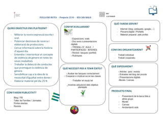 FULLA DE RUTA - Projecte 25 N - IES CAN BALO
QUINS OBJECTIUS ENS PLATEGEM?
- Millorar la nostra expressió escrita i
oral.
...