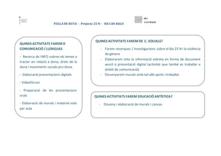 FULLA DE RUTA - Projecte 25 N - IES CAN BALO
QUINES ACTIVITATS FAREM DE C. SOCIALS?
- Farem recerques / investigacions sob...