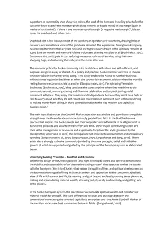 superstore or commodity shop show two prices, the cost of the item and its selling price to let the
customer know exactly the monetary profit (loss in merits or kusala mind) or loss margin (gain in
merits or kusala mind). If there is any ‘monetary profit margin (= negative merit margin)’, it is to
cover the overhead and other costs.

Overhead cost is low because most of the workers or operators are volunteers, drawing little or
no salary, and sometimes some of the goods are donated. The superstore, Palungboon Company,
has operated for more than 27 years now and the highest salary drawn in the company remains at
2,000 Baht per month and many are fulltime volunteers drawing no salary at all (Bodhiraksa, 2012).
Customers also participate in cost reducing measures such as self-service, using their own
shopping bags, and returning the trolleys to the stores after use.

The economic policy for Asoke community is to be debtless, self-reliant and self-sufficient, and
surpluses are given away or shared. As a policy and practice, Asoke members are free to choose
whatever jobs or works they enjoy doing. This policy enables the Asoke to run their business
without stress in good or bad times as when the country is in economic crisis or when the world is
reeling from one economic crisis to another (Sangsuriyajan, 2011). Paraphrasing Venerable
Bodhiraksa (Bodhiraksa, 2012), ‘they can close the stores anytime when they need time to do
community retreat, annual gathering and Dhamma celebration, and/or participating social
movement activities. They enjoy this freedom and independence because they don’t have debt or
rent to worry about and they are self-reliant and more than self-sufficient even without resorting
to making money from selling, in sharp contradistinction to the way modern day capitalistic
business is run.’

The main input that makes the Goodwill Market operation sustainable and grow from strength to
strength over the three decades or more is simply goodwill and faith in the Buddhadhamma
practice that inspires the Asoke people and their supporters and adherents to be diligent and to
donate the products and volunteer their effort and time. Other major contributing factors are
their skilful management of resources and a spiritually disciplined life style (governed by the
precepts they undertake to keep) that is frugal and not enslaved to consumerism and unnecessary
spending (Sangsehanat et. al., 2009; Sangsuriyajan, 2009; Sangsehanat and Bong, 2010). There
exists also a strongly cohesive community (united by the same precepts, belief and faith) the
growth of which is supported and guided by the principles of the Bunniyom system as elaborated
below.

Underlying Guiding Principles – Buddhist and Economic
Whether by design or not, these goodwill (and right livelihood) stores also serve to demonstrate
the viability and sustainability of an ‘alternative trading system’ that operates in what the Asoke
calls the Bunniyom (Merit-ism) Society that values the quality of lives and spiritual development as
the topmost priority goal of living in distinct contrast and opposition to the consumer capitalistic
view of life which cannot see life, its meaning and goal beyond endlessly pursuing sense pleasures,
making and accumulating material wealth, stressing out physically and mentally, and getting sick
in the process.

In the Asoke Bunniyom system, the practitioners accumulate spiritual wealth, not monetary or
material wealth for oneself. The stark differences in values and practices between the
conventional monetary gains- oriented capitalistic enterprises and the Asoke Goodwill Market of
the meritism society are best summarised below in Table 1 (Sangsehanat, 2007).
 