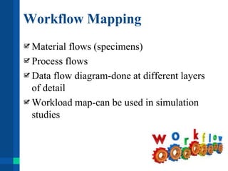 Workflow Mapping
Material flows (specimens)
Process flows
Data flow diagram-done at different layers
of detail
Workload map-can be used in simulation
studies
 