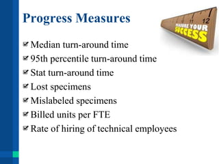 Progress Measures
Median turn-around time
95th percentile turn-around time
Stat turn-around time
Lost specimens
Mislabeled specimens
Billed units per FTE
Rate of hiring of technical employees
 