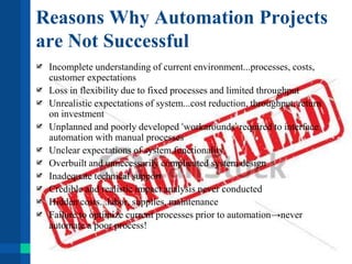 Reasons Why Automation Projects
are Not Successful
Incomplete understanding of current environment...processes, costs,
customer expectations
Loss in flexibility due to fixed processes and limited throughput
Unrealistic expectations of system...cost reduction, throughput, return
on investment
Unplanned and poorly developed ‘workarounds’ required to interface
automation with manual processes
Unclear expectations of system functionality
Overbuilt and unnecessarily complicated system design
Inadequate technical support
Credible and realistic impact analysis never conducted
Hidden costs...labor, supplies, maintenance
Failure to optimize current processes prior to automation→never
automate a poor process!
 