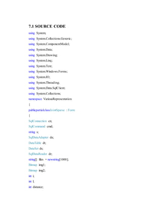 7.1 SOURCE CODE
using System;
using System.Collections.Generic;
using System.ComponentModel;
using System.Data;
using System.Drawing;
using System.Linq;
using System.Text;
using System.Windows.Forms;
using System.IO;
using System.Threading;
using System.Data.SqlClient;
using System.Collections;
namespace VariousRepresentation
{
publicpartialclassJointSparse : Form
{
SqlConnection cn;
SqlCommand cmd;
string s;
SqlDataAdapter da;
DataTable dt;
DataSet ds;
SqlDataReader dr;
string[] files = newstring[1000];
Bitmap img1;
Bitmap img2;
int i;
int l;
int distance;
 