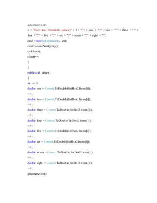 getconnection();
s = "insert into PatternInfo values('" + l + "','" + one + "','" + two + "','" + three + "','" +
four + "','" + five + "','" + six + "','" + seven + "','" + eight + "')";
cmd = newSqlCommand(s, cn);
cmd.ExecuteNonQuery();
cn.Close();
countt++;
}
}
publicvoid select()
{
int i = 0;
double one = Convert.ToDouble(listBox2.Items[i]);
i++;
double two = Convert.ToDouble(listBox2.Items[i]);
i++;
double three = Convert.ToDouble(listBox2.Items[i]);
i++;
double four = Convert.ToDouble(listBox2.Items[i]);
i++;
double five = Convert.ToDouble(listBox2.Items[i]);
i++;
double six = Convert.ToDouble(listBox2.Items[i]);
i++;
double seven = Convert.ToDouble(listBox2.Items[i]);
i++;
double eight = Convert.ToDouble(listBox2.Items[i]);
i++;
getconnection();
 
