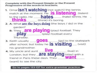 isn’t watching
thinks
is listening
hates
are the boys doing
are playing
play
goes
is visiting
live
are staying
want