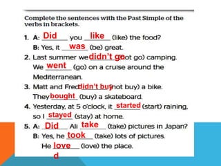 Did like
was
didnt go
went
didnt buy
bought
started
stayed
Did take
took
love
d
 