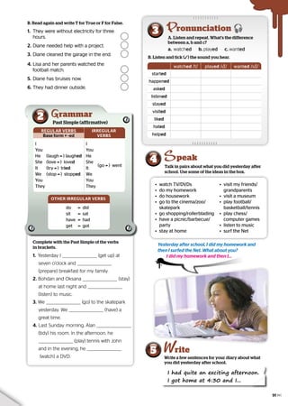 A. Listen and repeat. What’s the difference
between a, b and c?
a.	 watch
watched
ed b. play
played
ed c. want
wanted
ed
ronunciation
3
watched /t/ played /d/ wanted /d/
started
happened
asked
listened
stayed
visited
liked
hated
helped
B. Listen and tick (3) the sound you hear.
4 peak
Talk in pairs about what you did yesterday after
school. Use some of the ideas in the box.
Write a few sentences for your diary about what
you did yesterday after school.
5 rite
I had quite an exciting afternoon.
I got home at 4:30 and I...
B. Read again and write T for True or F for False.
1.	 They were without electricity for three
They were without electricity for three
	hours.
	hours.		
		
2.	Diane needed help with a project.
	Diane needed help with a project.	
	
3.	Diane cleaned the garage in the end.
	Diane cleaned the garage in the end.	
	
4.	Lisa and her parents watched the
	Lisa and her parents watched the
	 football match.
	 football match.	
	
5.	Diane has bruises now.
	Diane has bruises now.	
	
6.	They had dinner outside.
	They had dinner outside.	
	
•	 watch TV/DVDs
•	 do my homework
•	 do housework
•	 go to the cinema/zoo/
skatepark
•	 go shopping/rollerblading
•	 have a picnic/barbecue/
	party
•	 stay at home
•	 visit my friends/
	grandparents
•	 visit a museum
•	 play football/
	basketball/tennis
•	 play chess/
	 computer games
•	 listen to music
•	 surf the Net
Yesterday after school, I did my homework and
then I surfed the Net. What about you?
I did my homework and then I...
Complete with the Past Simple of the verbs
in brackets.
1. Yesterday I
Yesterday I (get up) at
(get up) at
seven o’clock and
seven o’clock and 	
	
(prepare) breakfast for my family.
(prepare) breakfast for my family.
2. Bohdan and Oksana
Bohdan and Oksana (stay)
(stay)
at home last night and
at home last night and
	 (listen) to music.
	 (listen) to music.
3. We
We (go) to the skatepark
(go) to the skatepark
yesterday. We
yesterday. We (have) a
(have) a
great time.
great time.
4. Last Sunday morning, Alan
Last Sunday morning, Alan 		
(tidy) his room. In the afternoon, he
(tidy) his room. In the afternoon, he
	
	 (play) tennis with John
(play) tennis with John
	 and in the evening, he
	 and in the evening, he
(watch) a DVD.
(watch) a DVD.
2 Past Simple (affirmative)
rammar
OTHER IRREGULAR VERBS
do Û did
sit Û sat
have Û had
get Û got
REGULAR VERBS
Base form + -ed
IRREGULAR
VERBS
I
You
He	(laughÛ) laughed
She	(loveÛ) loved
It	(tryÛ) tried
We	(stopÛ) stopped
You
They
I
You
He	
She	
(goÛ) went
It	
We	
You
They
91
 