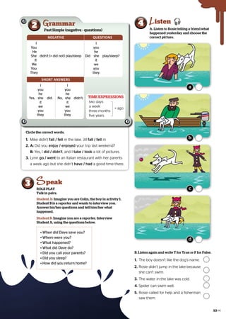 A. Listen to Rosie telling a friend what
happened yesterday and choose the
correct picture.
4 isten 
Circle the correct words.
1.	 Mike didn’t
Mike didn’t fall / fell
fall / fell in the lake. Jill
in the lake. Jill fall / fell
fall / fell in.
in.
2.	
	A: Did you
Did you enjoy / enjoyed
enjoy / enjoyed your trip last weekend?
your trip last weekend?
	
	 B: Yes, I
Yes, I did / didn’t
did / didn’t, and I
, and I take / took
take / took a lot of pictures.
a lot of pictures.
3.	Lynn
	Lynn go / went
go / went to an Italian restaurant with her parents
to an Italian restaurant with her parents
a week ago but she didn’t
a week ago but she didn’t have / had
have / had a good time there.
a good time there.
ROLE PLAY
Talk in pairs.
3 peak
Student B: Imagine you are a reporter. Interview
Student A, using the questions below.
Student A: Imagine you are Colin, the boy in activity 1.
Student B is a reporter and wants to interview you.
Answer his/her questions and tell him/her what
happened.
B. Listen again and write T for True or F for False.
1.	 The boy doesn’
The boy doesn’t like the dog’s name.	
t like the dog’s name.	 	
	
2.	 Rosie didn’t jump in the lake because
Rosie didn’t jump in the lake because
	 she can’t swim.	
	 she can’t swim.	 	
	
3.	 The water in the lake was cold.	
The water in the lake was cold.	
4.	Spider can swim well. 	
Spider can swim well. 	
5.	 Rosie called for help and
Rosie called for help and a fisherman
a fisherman
	 saw them. 	
	 saw them. 	
a
b
c
d
2 Past Simple (negative - questions)
rammar
SHORT ANSWERS
	 I 	
	 you 	
	he
Yes,	 she 	 did.
	it
	we
	 you 	
	they
	 I 	
	you
	he
No, 	 she didn’t.
	it
	we
	 you
	they
NEGATIVE
	I
	You
	He
	She	 didn’t (= did not) play/sleep
	It
	We
	You
	They
QUESTIONS
	 I
	 you
	he
Did 	
she play/sleep?
	it
	we
	 you
	they
two days
two days
a week
a week
+ ago
+ ago
three months
three months
five years
five years
TIME EXPRESSIONS
• When did Dave save you?
• Where were you?
• What happened?
• What did Dave do?
• Did you call your parents?
• Did you sleep?
• How did you return home?
93
 