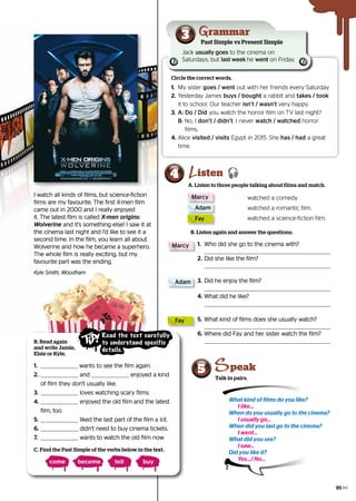 Circle the correct words.
1.	 My sister
My sister goes / went
goes / went out with her friends every Saturday.
out with her friends every Saturday.
2.	Yesterday James
	Yesterday James buys / bought
buys / bought a rabbit and
a rabbit and takes / took
takes / took
it to school. Our teacher
it to school. Our teacher isn’t / wasn’t
isn’t / wasn’t very happy.
very happy.
3.	
	A:
A: Do / Did
Do / Did you watch the horror film on TV last night?
you watch the horror film on TV last night?
B:
B: No, I
No, I don’t / didn’t
don’t / didn’t. I never
. I never watch / watched
watch / watched horror
horror
	films.
	films.
4.	Alice
	Alice visited / visits
visited / visits Egypt in 2015. She
Egypt in 2015. She has / had
has / had a great
a great
time.
time.
I watch all kinds of films, but science-fiction
I watch all kinds of films, but science-fiction
films are my favourite. The first X-men film
films are my favourite. The first X-men film
came out in 2000 and I really enjoyed
came out in 2000 and I really enjoyed
it. The latest film is called
it. The latest film is called X-men origins:
X-men origins:
Wolverine
Wolverine and it’s something else! I saw it at
and it’s something else! I saw it at
the cinema last night and I’d like to see it a
the cinema last night and I’d like to see it a
second time. In the film, you learn all about
second time. In the film, you learn all about
Wolverine and how he became a superhero.
Wolverine and how he became a superhero.
The whole film is really exciting, but my
The whole film is really exciting, but my
favourite part was the ending.
favourite part was the ending.
Kyle Smith, Woodham
Kyle Smith, Woodham
5 peak
Talk in pairs.
A. Listen to three people talking about films and match.
4 isten 
B. Listen again and answer the questions.
1.	 Who did she go to the cinema with?
Who did she go to the cinema with?
	
	
2.	Did she like the film?
	Did she like the film?
	
	
watched a comedy.
watched a comedy.
watched a romantic film.
watched a romantic film.
watched a science-fiction film.
watched a science-fiction film.
Marcy
Marcy
3.	 Did he enjoy the film?
Did he enjoy the film?
	
	
4.	What did he like?
	What did he like?
	
	
Fay
Fay
Adam
Adam
5.	 What kind of films does she usually watch?
What kind of films does she usually watch?
	
	
6.	Where did Fay and her sister watch the film?
	Where did Fay and her sister watch the film?
	
	
Marcy
Marcy
Adam
Adam
Fay
Fay
B. Read again
and write Jamie,
Elsie or Kyle.
1.	 wants to see the film again.
wants to see the film again.
2.	
	 and
and enjoyed a kind
enjoyed a kind
of film they don’t usually like.
of film they don’t usually like.
3.	
	 loves watching scary films.
loves watching scary films.
4.	
	 enjoyed the old film and the latest
enjoyed the old film and the latest
film, too.
film, too.
5.	
	 liked the last part of the film a lot.
liked the last part of the film a lot.
6.	
	 didn’t need to buy cinema tickets.
didn’t need to buy cinema tickets.
7.	
	 wants to watch the old film now.
wants to watch the old film now.
C. Find the Past Simple of the verbs below in the text.
come become tell buy
What kind of films do you like?
	 I like...
When do you usually go to the cinema?
	 I usually go...
When did you last go to the cinema?
	 I went...
What did you see?
	 I saw...
Did you like it?
	 Yes.../ No...
3 Past Simple vs Present Simple
rammar
Jack
Jack usually goes
usually goes to the cinema on
to the cinema on
Saturdays, but
Saturdays, but last week
last week he
he went
went on Friday.
on Friday.
Read the text carefully
to understand specific
details.
95
 