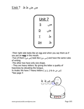 ‫ض‬ ‫ص‬
7
Unit
www.quranicarabic.wordpress.com Page 103
-Their right side looks like an egg and when you say them as if
you put an egg in the mouth.
-Two of them ( ‫ﺹ‬
‫ﺽ‬ ) look like ( )
‫ﺵ‬ ‫ﺱ‬ and have the same rules
of writing.
-The other two have only one shape.
- They are heavy letters: By giving the letter a quality of
heaviness by elevating the tongue.
In Arabic We have 7 heavy letters ( ‫ﺥ‬ ‫ﻍ‬ ‫ﻕ‬ ‫ﻅ‬ ‫ﻁ‬ ‫ﺽ‬ ‫)ﺹ‬
*See page 4
‫ﻅ‬ ‫ﻁ‬ ‫ﺽ‬ ‫ﺹ‬
Unit 7
‫ص‬
S
‫ض‬
D

T

DH
 