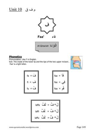 ‫ق‬ ‫ف‬ ‫م‬
10
Unit
www.quranicarabic.wordpress.com Page 149
Faa' ‫ﺎء‬َ‫ﻓ‬
Phonetics
Pronunciation: Like F in English.
Exit: The inside of the lower lip and the tips of the two upper incisors .
Faa’ is a light letter.
‫ف‬
ِ
‫ﻘ‬ْ‫ﻝ‬‫ا‬
‫ة‬َ
‫اء‬
‫ر‬
Al-Qiraa'ah
faa = َ‫ﻓ‬
‫ﺎ‬
fee = ِ
‫ﻓ‬
‫ﻲ‬
foo = ُ‫ﻓ‬
‫و‬
fa = َ
‫ف‬
fi = ِ
‫ف‬
fu = ُ
‫ف‬
laffa 
‫ف‬َ‫ﻝ‬ = 
‫ف‬ َ
‫ل‬
+
َ
‫ل‬
+

‫ف‬
=

‫ف‬َ‫ﻝ‬
laffi
َ
‫ل‬
+

‫ف‬
=

‫ف‬َ‫ﻝ‬
laffu
 