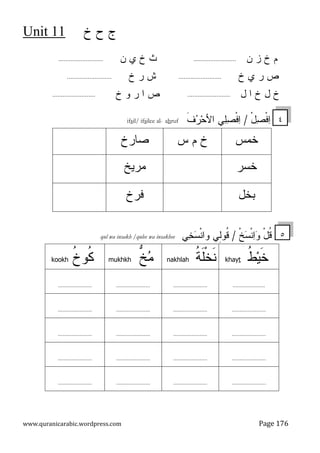 ‫ﺥ‬ ‫ﺡ‬ ‫ﺝ‬
1
1
Unit
www.quranicarabic.wordpress.com Page 176
‫ﻥ‬ ‫ﺯ‬ ‫ﺥ‬ ‫ﻡ‬
.........................
‫ﻥ‬ ‫ﻱ‬ ‫ﺥ‬ ‫ﺙ‬
..........................
‫ﺥ‬ ‫ﻱ‬ ‫ﺭ‬ ‫ﺹ‬
.........................
‫ﺥ‬ ‫ﺭ‬ ‫ﺵ‬
..........................
‫ل‬ ‫ﺍ‬ ‫ﺥ‬ ‫ل‬ ‫ﺥ‬
.........................
‫ﺥ‬ ‫ﻭ‬ ‫ﺭ‬ ‫ﺍ‬ ‫ﺹ‬
.........................
ْ‫ل‬
‫ﺼ‬‫ﹾ‬‫ﻓ‬
‫ﺍ‬
/
‫ﹶ‬
‫ﻑ‬
‫ﺭ‬‫ﺤ‬‫ﺍﻷ‬ ‫ﻲ‬
‫ﻠ‬
‫ﺼ‬‫ﹾ‬‫ﻓ‬
‫ﺍ‬
ruf
h
a
-
ilee al
s
il/ if
s
if
‫ﺨﻤﺱ‬
‫ﺱ‬ ‫ﻡ‬ ‫ﺥ‬
‫ﺼﺎﺭﺥ‬
‫ﺨﺴﺭ‬
‫ﻤﺭﻴﺦ‬
‫ﺒﺨل‬
‫ﻓﺭﺥ‬
‫ﹾ‬‫ﺦ‬
‫ﺴ‬‫ﹾ‬‫ﻨ‬
‫ﺍ‬
‫ﻭ‬ ْ‫ل‬‫ﹸ‬
‫ﻗ‬
/
‫ﻲ‬
‫ﺨ‬
‫ﺴ‬‫ﹾ‬‫ﻨ‬‫ﻭﺍ‬ ‫ِﻲ‬
‫ﻝ‬‫ﹸﻭ‬
‫ﻗ‬
qul wa insakh /qulee wa insakhee
‫ﹸ‬
‫ﻁ‬‫ﻴ‬‫ﹶ‬
‫ﺨ‬
t
khay
‫ﹸ‬
‫ﺔ‬‫ﹶ‬
‫ﻠ‬‫ﹾ‬‫ﺨ‬‫ﹶ‬
‫ﻨ‬
nakhlah
mukhkh ‫ﱡ‬
‫ﺦ‬
‫ﻤ‬
kookh ‫ﹸ‬
‫ﺥ‬‫ﹸﻭ‬
‫ﻜ‬
.....................
......................
......................
......................
......................
......................
......................
......................
......................
......................
......................
......................
......................
......................
......................
......................
......................
......................
......................
......................
٤
٥
 