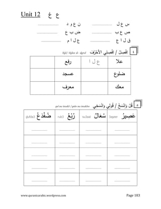 ‫غ‬ ‫ع‬
2
1
Unit
www.quranicarabic.wordpress.com Page 183
‫ل‬ ‫ع‬ ‫س‬
.........................
‫د‬ ‫و‬ ‫ع‬ ‫ن‬
..........................
‫ب‬ ‫ع‬ ‫ص‬
.........................
‫ع‬ ‫ب‬ ‫ض‬
..........................
‫ع‬ ‫ا‬ ‫ل‬ ‫ق‬
.........................
‫م‬ ‫ا‬ ‫ل‬ ‫ع‬
.........................
ْ
‫ﻞ‬ ِ
‫ﺻ‬ْ
‫ﻓ‬ِ
‫ا‬
َ
‫ف‬ُ
‫ر‬ْ
‫اﻷﺣ‬ ‫ﻲ‬ِ
‫ﻠ‬ ِ
‫ﺻ‬ْ
‫ﻓ‬ِ
‫ا‬ /
ruf
h
a
-
ilee al
s
il/ if
s
if
‫ﻋﻼ‬
‫ا‬ ‫ل‬ ‫ع‬
‫ﻓﻊ‬‫ر‬
‫ع‬
‫ﺿﻠو‬
‫ﻋﺳﺟد‬
‫ﻣﻌك‬
‫ﻣﻌرف‬
‫ﻲ‬ِ
‫ﺧ‬ َ
‫ﺳ‬ْ‫اﻧ‬‫و‬ ‫ﻲ‬ِ
‫ﻟ‬‫و‬ُ
‫ﻗ‬ / ْ
‫ﺦ‬ َ
‫ﺳ‬ْ‫ﻧ‬ِ
‫ا‬َ
‫و‬ ْ
‫ﻞ‬ُ
‫ﻗ‬
qul wa insakh /qulee wa insakhee
ُ
‫ﯾر‬ ِ
‫ﺻ‬َ
‫ﻋ‬
eer
s
3a
ُ
‫ﺎل‬َ
‫ﻌ‬ ُ
‫ﺳ‬
su3aal
rub3
ُ
‫ﻊ‬ْ
;ُ
‫ر‬
dufda3
ُ‫ع‬َ
‫د‬ْ
‫ﻔ‬ ُ
‫ﺿ‬
.....................
......................
......................
......................
......................
......................
......................
......................
......................
......................
......................
......................
......................
......................
......................
......................
......................
......................
......................
......................
٤
٥
 