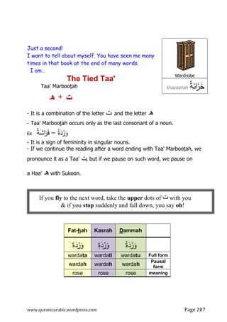 ‫ء‬
4
1
Unit
www.quranicarabic.wordpress.com Page 207
Just a second!
I want to tell about myself. You have seen me many
times in that book at the end of many words.
I am…
The Tied Taa'
ah
t
Taa' Marboo
‫ت‬
+
‫ه‬
- It is a combination of the letter ‫ت‬ and the letter ‫ه‬
- Taa' Marbootah occurs only as the last consonant of a noun.
Ex ُ‫ة‬َ
‫د‬ْ
‫ر‬َ
‫و‬
–
ُ‫ﺔ‬َ
‫ﺸ‬‫ا‬َ
‫ر‬َ‫ﻓ‬
- It is a sign of femininity in singular nouns.
- If we continue the reading after a word ending with Taa' Marbootah, we
pronounce it as a Taa' ‫ت‬, but if we pause on such word, we pause on
a Haa' ‫ه‬ with Sukoon.
Wardrobe
‫ﺔ‬‫اﻨ‬
‫ز‬‫ﺨ‬
ُ َ ََ
khazaanah
Dammah
Kasrah
Fat-hah
ُ‫ة‬َ
‫د‬ْ
‫ر‬َ
‫و‬
ِ
‫ة‬َ
‫د‬ْ
‫ر‬َ
‫و‬
َ‫ة‬َ
‫د‬ْ
‫ر‬َ
‫و‬
Full form
wardatu
wardati
wardata
Pausal
form
wardah
wardah
wardah
meaning
rose
rose
rose
If you fly to the next word, take the upper dots of ‫ت‬ with you
 if you stop suddenly and fall down, you say oh!
 