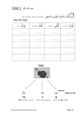 ‫ﺙ‬ ‫ﺕ‬ ‫ﺏ‬
Unit 1
www.quranicarabic.wordpress.com
qul wa insakh /qulee wa insakhee
Say and Copy
‫ﺙ‬ ‫ﺕ‬
Th
Three dots above
‫ﺭ‬ِ
‫ﺇ‬
‫ﹸ‬
‫ﺙ‬
'irth
......................
......................
......................
......................
......................
‫ﺙ‬ ‫ﺕ‬ ‫ﺏ‬
www.quranicarabic.wordpress.com
‫ﹾ‬‫ﺦ‬
‫ﺴ‬‫ﹾ‬‫ﻨ‬
‫ﺍ‬
‫ﻭ‬ ْ‫ل‬‫ﹸ‬
‫ﻗ‬
/
‫ﻲ‬
‫ﺨ‬
‫ﺴ‬‫ﹾ‬‫ﻨ‬‫ﻭﺍ‬ ‫ِﻲ‬
‫ﻝ‬‫ﹸﻭ‬
‫ﻗ‬
qul wa insakh /qulee wa insakhee
Help!
‫ﺏ‬
‫ﺙ‬ ‫ﺕ‬
Th T B
ree dots above Two dots above One dot
‫ﹶﻰ‬
‫ﺜ‬‫ﹾ‬‫ﻨ‬ُ
‫ﺃ‬
Unthaa
‫ﹸ‬
‫ﺙ‬‫ﹸ‬
‫ﻠ‬‫ﹸ‬
‫ﺜ‬
Thuluth
......................
......................
......................
......................
......................
......................
......................
......................
......................
......................
Page 25
‫ﹾ‬‫ﺦ‬
‫ﺴ‬‫ﹾ‬‫ﻨ‬
‫ﺍ‬
‫ﻭ‬ ْ‫ل‬‫ﹸ‬
‫ﻗ‬
Right to left
One dot Beneath
‫ﻭ‬‫ﹶ‬
‫ﺜ‬

‫ﺏ‬
Thawb
......................
......................
......................
......................
......................
......................
......................
......................
......................
......................
٤
 