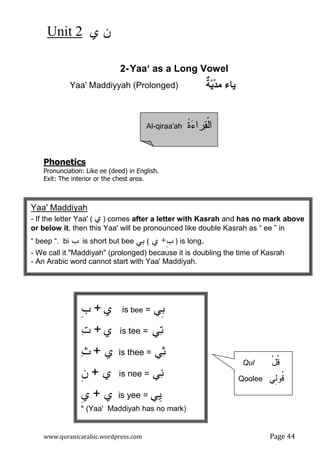 ‫ﻱ‬ ‫ﻥ‬
2
Unit
www.quranicarabic.wordpress.com Page 44
2-Yaa‘ as a Long Vowel
Yaa' Maddiyyah (Prolonged) 
‫ﻴ‬
‫ﺩ‬‫ﻤ‬ ‫ﻴﺎﺀ‬
‫ﺔ‬
ٌ
Phonetics
Pronunciation: Like ee (deed) in English.
Exit: The interior or the chest area.
Yaa' Maddiyah
- If the letter Yaa' ‫ي‬
( ) comes after a letter with Kasrah and has no mark above
or below it, then this Yaa' will be pronounced like double Kasrah as “ ee ” in
“ beep “. bi ‫ﺏ‬
ِ is short but bee ‫ﹺﻲ‬
‫ﺒ‬ ( ‫ﹺ‬
‫ﺏ‬
+
‫ﻱ‬ ) is long.
- We call it Maddiyah (prolonged) because it is doubling the time of Kasrah
- An Arabic word cannot start with Yaa' Maddiyah.

‫ﻘ‬‫ﹾ‬‫ﻝ‬‫ﺍ‬
‫ﺓ‬
‫ﺀ‬‫ﺭﺍ‬
ُ
Al-qiraa'ah
‫ﹺ‬
‫ﺏ‬ + ‫ﻱ‬ is bee = ‫ﹺﻲ‬
‫ﺒ‬

‫ﺕ‬ + ‫ﻱ‬ is tee = ‫ﻲ‬
‫ﺘ‬

‫ﺙ‬ + ‫ﻱ‬ is thee = ‫ﻲ‬
‫ﺜ‬
‫ﹺ‬
‫ﻥ‬ + ‫ﻱ‬ is nee = ‫ﻲ‬
‫ﻨ‬
‫ﹺ‬
‫ﻱ‬ + ‫ﻱ‬ is yee = ‫ﻴﻲ‬
* (Yaa' Maddiyah has no mark)
ْ‫ل‬‫ﹸ‬
‫ﻗ‬
Qul
Qoolee ‫ِﻲ‬
‫ﻝ‬‫ﹸﻭ‬
‫ﻗ‬
 
