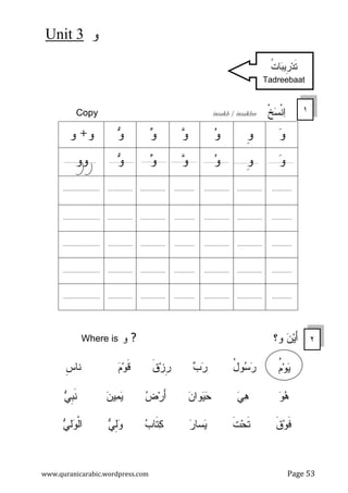 ‫ﻭ‬
3
Unit
www.quranicarabic.wordpress.com Page 53
‫ﹾ‬‫ﺦ‬
‫ﺴ‬‫ﹾ‬‫ﻨ‬
‫ﺍ‬
insakh / insakhee
Copy

‫ﻭ‬
‫ﹺ‬
‫ﻭ‬

‫ﻭ‬

‫ﻭ‬

‫ﻭ‬

‫ﻭ‬
‫ﻭ‬
+
‫ﻭ‬

‫ﻭ‬
‫ﹺ‬
‫ﻭ‬

‫ﻭ‬

‫ﻭ‬

‫ﻭ‬

‫ﻭ‬
‫ﻭﻭ‬
............
...............
...............
............
...............
...............
......................
............
...............
...............
............
...............
...............
......................
............
...............
...............
............
...............
...............
......................
............
...............
...............
............
...............
...............
......................
............
...............
...............
............
...............
...............
......................
‫ﻭ؟‬ 
‫ﻥ‬‫ﻴ‬َ
‫ﺃ‬
?
‫ﻭ‬
Where is
ُ
‫ل‬‫ﻭ‬
‫ﺴ‬
‫ﺭ‬

‫ﺏ‬
‫ﺭ‬
‫ﹶ‬
‫ﻕ‬‫ﺯ‬‫ﹺ‬
‫ﺭ‬

‫ﻡ‬‫ﻭ‬‫ﹶ‬
‫ﻗ‬
‫ﹺ‬
‫ﺱ‬‫ﻨﺎ‬

‫ﻭ‬
‫ﻫ‬

‫ﻲ‬
‫ﻫ‬

‫ﻥ‬‫ﻭﺍ‬
‫ﻴ‬
‫ﺤ‬

‫ﺽ‬‫ﺭ‬َ
‫ﺃ‬

‫ﻥ‬‫ﻴ‬
‫ﻤ‬
‫ﻴ‬

‫ﻲ‬‫ﹺ‬
‫ﺒ‬‫ﹶ‬
‫ﻨ‬
‫ﹶ‬
‫ﻕ‬‫ﻭ‬‫ﹶ‬
‫ﻓ‬

‫ﺭ‬‫ﺴﺎ‬
‫ﻴ‬ ‫ﹶ‬
‫ﺕ‬‫ﺤ‬‫ﹶ‬
‫ﺘ‬

‫ﺏ‬‫ﹶﺎ‬
‫ﺘ‬
‫ﻜ‬

‫ﻲ‬ِ
‫ﻝ‬
‫ﻭ‬

‫ﻲ‬‫ﻝ‬
‫ﻭ‬‫ﹾ‬‫ﻝ‬‫ﺍ‬
١
ِ
‫ﹺ‬
‫ﺭ‬‫ﺩ‬‫ﹶ‬
‫ﺘ‬

‫ﺒ‬‫ﻴ‬
‫ﹸ‬
‫ﺕ‬‫ﺎ‬
Tadreebaat
Exercises
‫ﻡ‬‫ﻭ‬
‫ﻴ‬
ُ
٢
 