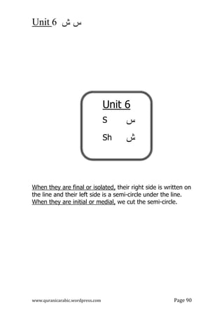‫ش‬ ‫س‬
6
Unit
www.quranicarabic.wordpress.com Page 90
When they are final or isolated, their right side is written on
the line and their left side is a semi-circle under the line.
When they are initial or medial, we cut the semi-circle.
Unit 6
‫س‬
S
‫ش‬
Sh
 