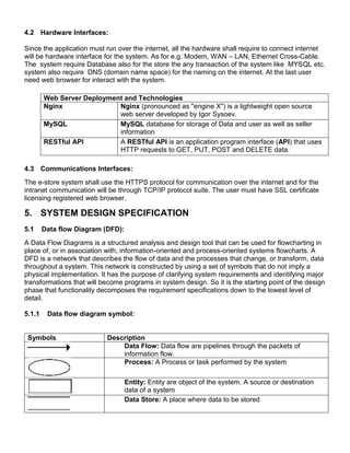 4.2 Hardware Interfaces:
Since the application must run over the internet, all the hardware shall require to connect internet
will be hardware interface for the system. As for e.g. Modem, WAN – LAN, Ethernet Cross-Cable.
The system require Database also for the store the any transaction of the system like MYSQL etc.
system also require DNS (domain name space) for the naming on the internet. At the last user
need web browser for interact with the system.
Web Server Deployment and Technologies
Nginx Nginx (pronounced as "engine X") is a lightweight open source
web server developed by Igor Sysoev.
MySQL MySQL database for storage of Data and user as well as seller
information
RESTful API A RESTful API is an application program interface (API) that uses
HTTP requests to GET, PUT, POST and DELETE data.
4.3 Communications Interfaces:
The e-store system shall use the HTTPS protocol for communication over the internet and for the
intranet communication will be through TCP/IP protocol suite. The user must have SSL certificate
licensing registered web browser.
5. SYSTEM DESIGN SPECIFICATION
5.1 Data flow Diagram (DFD):
A Data Flow Diagrams is a structured analysis and design tool that can be used for flowcharting in
place of, or in association with, information-oriented and process-oriented systems flowcharts. A
DFD is a network that describes the flow of data and the processes that change, or transform, data
throughout a system. This network is constructed by using a set of symbols that do not imply a
physical implementation. It has the purpose of clarifying system requirements and identifying major
transformations that will become programs in system design. So it is the starting point of the design
phase that functionality decomposes the requirement specifications down to the lowest level of
detail.
5.1.1 Data flow diagram symbol:
Symbols Description
Data Flow: Data flow are pipelines through the packets of
information flow.
Process: A Process or task performed by the system
Entity: Entity are object of the system. A source or destination
data of a system
Data Store: A place where data to be stored
 