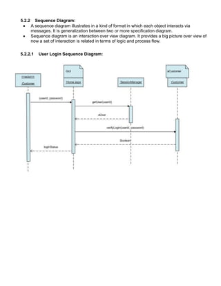 5.2.2 Sequence Diagram:
 A sequence diagram illustrates in a kind of format in which each object interacts via
messages. It is generalization between two or more specification diagram.
 Sequence diagram is an interaction over view diagram. It provides a big picture over view of
now a set of interaction is related in terms of logic and process flow.
5.2.2.1 User Login Sequence Diagram:
 