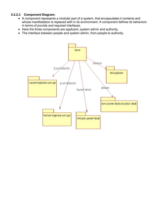 5.2.2.3 Component Diagram:
 A component represents a modular part of a system, that encapsulates it contents and
whose manifestation is replaced with in its environment. A component defines its behaviors
in terms of provide and required interfaces.
 Here the three components are applicant, system admin and authority.
 The interface between people and system admin, from people to authority.
 