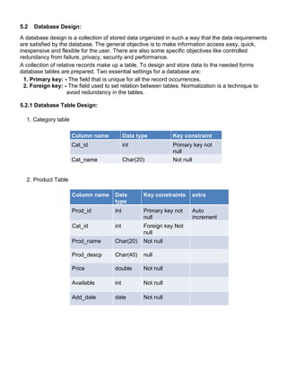 5.2 Database Design:
A database design is a collection of stored data organized in such a way that the data requirements
are satisfied by the database. The general objective is to make information access easy, quick,
inexpensive and flexible for the user. There are also some specific objectives like controlled
redundancy from failure, privacy, security and performance.
A collection of relative records make up a table. To design and store data to the needed forms
database tables are prepared. Two essential settings for a database are:
1. Primary key: - The field that is unique for all the record occurrences.
2. Foreign key: - The field used to set relation between tables. Normalization is a technique to
avoid redundancy in the tables.
5.2.1 Database Table Design:
1. Category table
Column name Data type Key constraint
Cat_id int Primary key not
null
Cat_name Char(20) Not null
2. Product Table
Column name Data
type
Key constraints extra
Prod_id Int Primary key not
null
Auto
increment
Cat_id int Foreign key Not
null
Prod_name Char(20) Not null
Prod_descp Char(40) null
Price double Not null
Available int Not null
Add_date date Not null
 