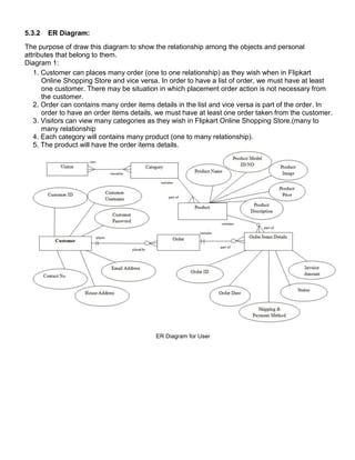 5.3.2 ER Diagram:
The purpose of draw this diagram to show the relationship among the objects and personal
attributes that belong to them.
Diagram 1:
1. Customer can places many order (one to one relationship) as they wish when in Flipkart
Online Shopping Store and vice versa. In order to have a list of order, we must have at least
one customer. There may be situation in which placement order action is not necessary from
the customer.
2. Order can contains many order items details in the list and vice versa is part of the order. In
order to have an order items details, we must have at least one order taken from the customer.
3. Visitors can view many categories as they wish in Flipkart Online Shopping Store.(many to
many relationship
4. Each category will contains many product (one to many relationship).
5. The product will have the order items details.
ER Diagram for User
 