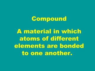 Compound A material in which atoms of different elements are bonded to one another.  