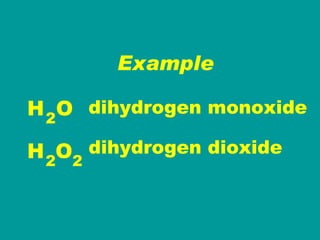 Example H  O H  O 2 dihydrogen monoxide dihydrogen dioxide 2 2 