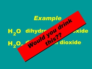 Example H  O H  O 2 dihydrogen monoxide dihydrogen dioxide 2 2 Would you drink this?? 