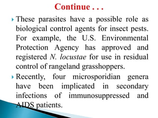  These parasites have a possible role as
biological control agents for insect pests.
For example, the U.S. Environmental
Protection Agency has approved and
registered N. locustae for use in residual
control of rangeland grasshoppers.
 Recently, four microsporidian genera
have been implicated in secondary
infections of immunosuppressed and
AIDS patients.
 