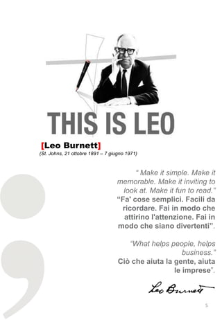 [Leo Burnett]
(St. Johns, 21 ottobre 1891 – 7 giugno 1971)



                                        “ Make it simple. Make it
                                  memorable. Make it inviting to
                                    look at. Make it fun to read.”
                                  “Fa' cose semplici. Facili da
                                   ricordare. Fai in modo che
                                    attirino l'attenzione. Fai in
                                  modo che siano divertenti”.

                                      “What helps people, helps
                                                       business.”
                                   Ciò che aiuta la gente, aiuta
                                                    le imprese”.



                                                              5
 