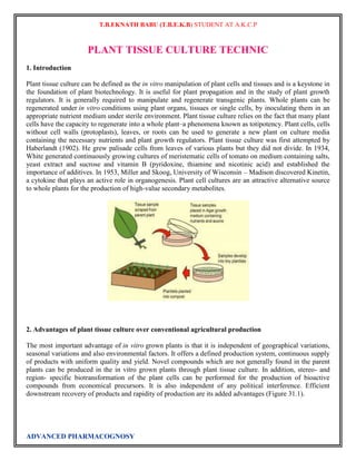 T.B.EKNATH BABU (T.B.E.K.B) STUDENT AT A.K.C.P 
PLANT TISSUE CULTURE TECHNIC 
1. Introduction 
Plant tissue culture can be defined as the in vitro manipulation of plant cells and tissues and is a keystone in 
the foundation of plant biotechnology. It is useful for plant propagation and in the study of plant growth 
regulators. It is generally required to manipulate and regenerate transgenic plants. Whole plants can be 
regenerated under in vitro conditions using plant organs, tissues or single cells, by inoculating them in an 
appropriate nutrient medium under sterile environment. Plant tissue culture relies on the fact that many plant 
cells have the capacity to regenerate into a whole plant–a phenomena known as totipotency. Plant cells, cells 
without cell walls (protoplasts), leaves, or roots can be used to generate a new plant on culture media 
containing the necessary nutrients and plant growth regulators. Plant tissue culture was first attempted by 
Haberlandt (1902). He grew palisade cells from leaves of various plants but they did not divide. In 1934, 
White generated continuously growing cultures of meristematic cells of tomato on medium containing salts, 
yeast extract and sucrose and vitamin B (pyridoxine, thiamine and nicotinic acid) and established the 
importance of additives. In 1953, Miller and Skoog, University of Wisconsin – Madison discovered Kinetin, 
a cytokine that plays an active role in organogenesis. Plant cell cultures are an attractive alternative source 
to whole plants for the production of high-value secondary metabolites. 
2. Advantages of plant tissue culture over conventional agricultural production 
The most important advantage of in vitro grown plants is that it is independent of geographical variations, 
seasonal variations and also environmental factors. It offers a defined production system, continuous supply 
of products with uniform quality and yield. Novel compounds which are not generally found in the parent 
plants can be produced in the in vitro grown plants through plant tissue culture. In addition, stereo- and 
region- specific biotransformation of the plant cells can be performed for the production of bioactive 
compounds from economical precursors. It is also independent of any political interference. Efficient 
downstream recovery of products and rapidity of production are its added advantages (Figure 31.1). 
ADVANCED PHARMACOGNOSY 
 