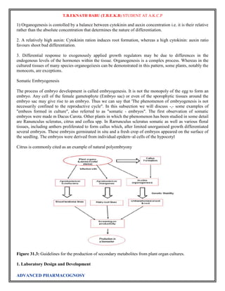 T.B.EKNATH BABU (T.B.E.K.B) STUDENT AT A.K.C.P 
1) Organogenesis is contolled by a balance between cytokinin and auxin concentration i.e. it is their relative 
rather than the absolute concentration that determines the nature of differentiation. 
2. A relatively high auxin: Cytokinin ration induces root formation, whereas a high cytokinin: auxin ratio 
favours shoot bud differentiation. 
3. Differential response to exogenously applied growth regulators may be due to differences in the 
endogenous levels of the hormones within the tissue. Organogenesis is a complex process. Whereas in the 
cultured tissues of many species organogeiiesis can be demonstrated in this pattern, some plants, notably the 
monocots, are exceptions. 
Somatic Embryogenesis 
The process of embryo development is called embryogenesis. It is not the monopoly of the egg to form an 
embryo. Any cell of the female gametophyte (Embryo sac) or even of the sporophytic tissues around the 
embryo sac may give rise to an embryo. Thus we can say that 'The phenomenon of embryogenesis is not 
necessarily confined to the reproductive cycle". In this subsection we will discuss -,- some examples of 
"embeos formed in culture", also referred to as "somatic - embryos". The first observation of somatic 
embryos were made m Dacus Carota. Other plants in which the phenomenon has been studied in some detail 
are Ranunculus scleratus, citrus and coflea spp. In Rarrunculus scleratus somatic as well as various floral 
tissues, including anthers proliferated to form callus which, after limited unorganised growth differentiated 
several embryos. These embryos germinated in situ and a fresh crop of embryos appeared on the surface of 
the seedling. The embryos were derived from individual epidern~al cells of the hypocotyl 
Citrus is commonly cited as an example of natural polyembryony 
Figure 31.3: Guidelines for the production of secondary metabolites from plant organ cultures. 
1. Laboratory Design and Development 
ADVANCED PHARMACOGNOSY 
 