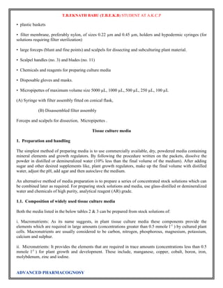 T.B.EKNATH BABU (T.B.E.K.B) STUDENT AT A.K.C.P 
• plastic baskets 
• filter membrane, preferably nylon, of sizes 0.22 μm and 0.45 μm, holders and hypodermic syringes (for 
solutions requiring filter sterilization) 
• large forceps (blunt and fine points) and scalpels for dissecting and subculturing plant material. 
• Scalpel handles (no. 3) and blades (no. 11) 
• Chemicals and reagents for preparing culture media 
• Disposable gloves and masks. 
• Micropipettes of maximum volume size 5000 μL, 1000 μL, 500 μL, 250 μL, 100 μL 
(A) Syringe with filter assembly fitted on conical flask, 
(B) Disassembled filter assembly 
Forceps and scalpels for dissection, Micropipettes . 
ADVANCED PHARMACOGNOSY 
Tissue culture media 
1. Preparation and handling 
The simplest method of preparing media is to use commercially available, dry, powdered media containing 
mineral elements and growth regulators. By following the procedure written on the packets, dissolve the 
powder in distilled or demineralized water (10% less than the final volume of the medium). After adding 
sugar and other desired supplements like, plant growth regulators, make up the final volume with distilled 
water, adjust the pH, add agar and then autoclave the medium. 
An alternative method of media preparation is to prepare a series of concentrated stock solutions which can 
be combined later as required. For preparing stock solutions and media, use glass-distilled or demineralized 
water and chemicals of high purity, analytical reagent (AR) grade. 
1.1. Composition of widely used tissue culture media 
Both the media listed in the below tables 2 & 3 can be prepared from stock solutions of: 
i. Macronutrients: As its name suggests, in plant tissue culture media these components provide the 
elements which are required in large amounts (concentrations greater than 0.5 mmole l-1 ) by cultured plant 
cells. Macronutrients are usually considered to be carbon, nitrogen, phosphorous, magnesium, potassium, 
calcium and sulphur. 
ii. Micronutrients: It provides the elements that are required in trace amounts (concentrations less than 0.5 
mmole l-1 ) for plant growth and development. These include, manganese, copper, cobalt, boron, iron, 
molybdenum, zinc and iodine. 
 