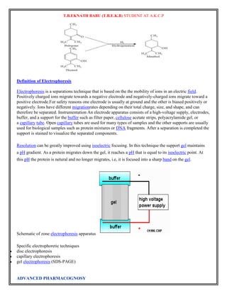 T.B.EKNATH BABU (T.B.E.K.B) STUDENT AT A.K.C.P 
Definition of Electrophoresis 
Electrophoresis is a separations technique that is based on the the mobility of ions in an electric field. 
Positively charged ions migrate towards a negative electrode and negatively-charged ions migrate toward a 
positive electrode.For safety reasons one electrode is usually at ground and the other is biased positively or 
negatively. Ions have different migrationrates depending on their total charge, size, and shape, and can 
therefore be separated. Instrumentation An electrode apparatus consists of a high-voltage supply, electrodes, 
buffer, and a support for the buffer such as filter paper, cellulose acetate strips, polyacrylamide gel, or 
a capillary tube. Open capillary tubes are used for many types of samples and the other supports are usually 
used for biological samples such as protein mixtures or DNA fragments. After a separation is completed the 
support is stained to visualize the separated components. 
Resolution can be greatly improved using isoelectric focusing. In this technique the support gel maintains 
a pH gradient. As a protein migrates down the gel, it reaches a pH that is equal to its isoelectric point. At 
this pH the protein is netural and no longer migrates, i.e, it is focused into a sharp band on the gel. 
Schematic of zone electrophoresis apparatus 
Specific electrophoretic techniques 
 disc electrophoresis 
 capillary electrophoresis 
 gel electrophoresis (SDS-PAGE) 
ADVANCED PHARMACOGNOSY 
 
